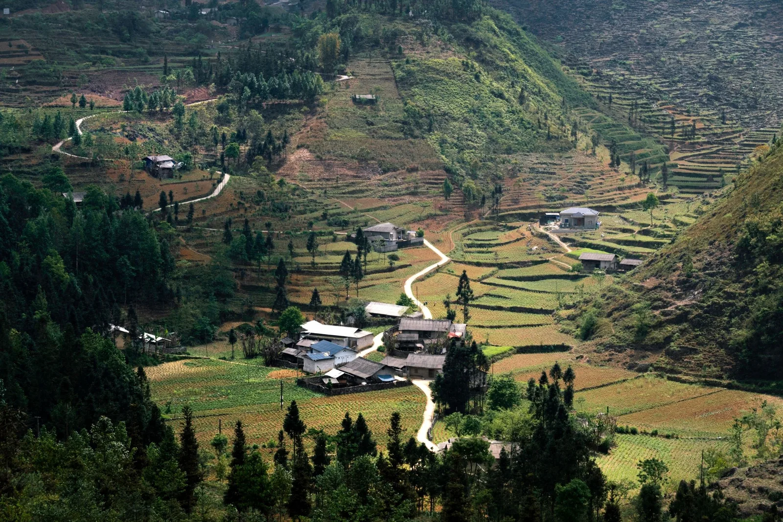 Aerial view of a mountain village with terraced fields and winding roads in Ha Giang.