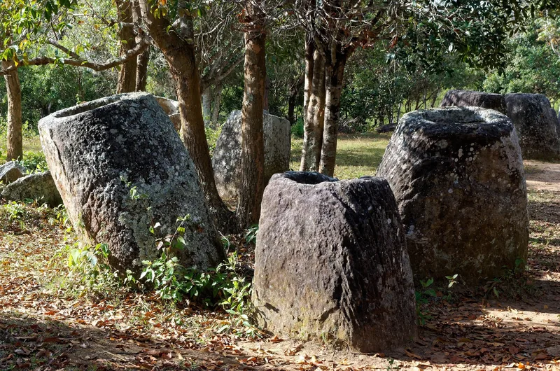Ancient stone jars scattered among trees at the Plain of Jars in Laos.