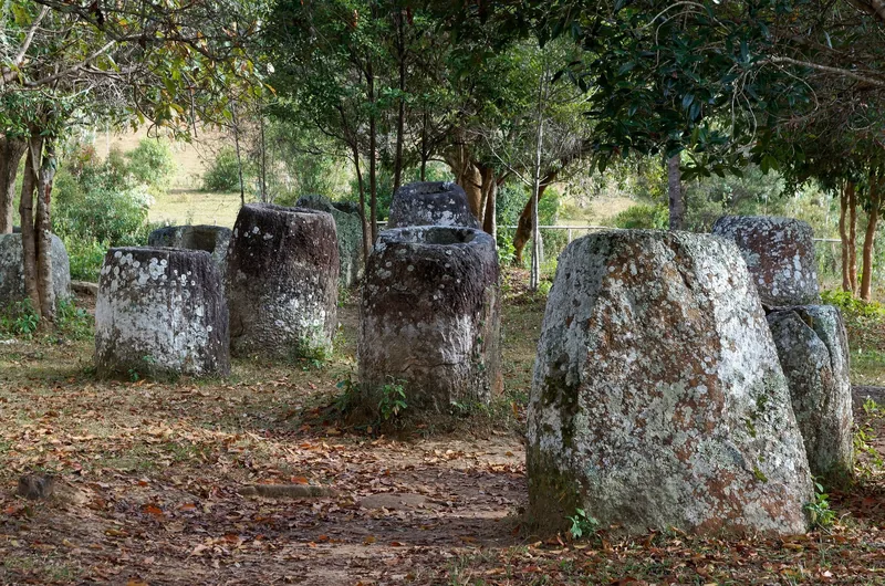 Ancient stone jars covered in lichen stand among trees at the Plain of Jars archaeological site in Laos.