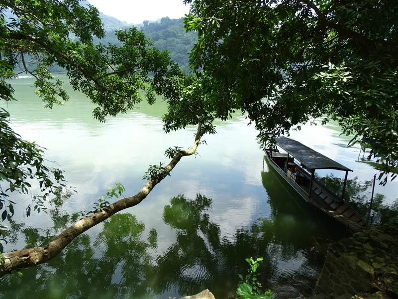 A covered wooden boat sits moored on the calm green waters of Ba Be Lake, framed by overhanging tree branches.