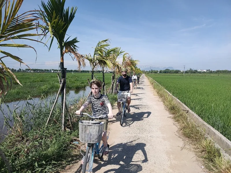 Cyclists ride a narrow path through rice paddies near Tra Que village in Hoi An.