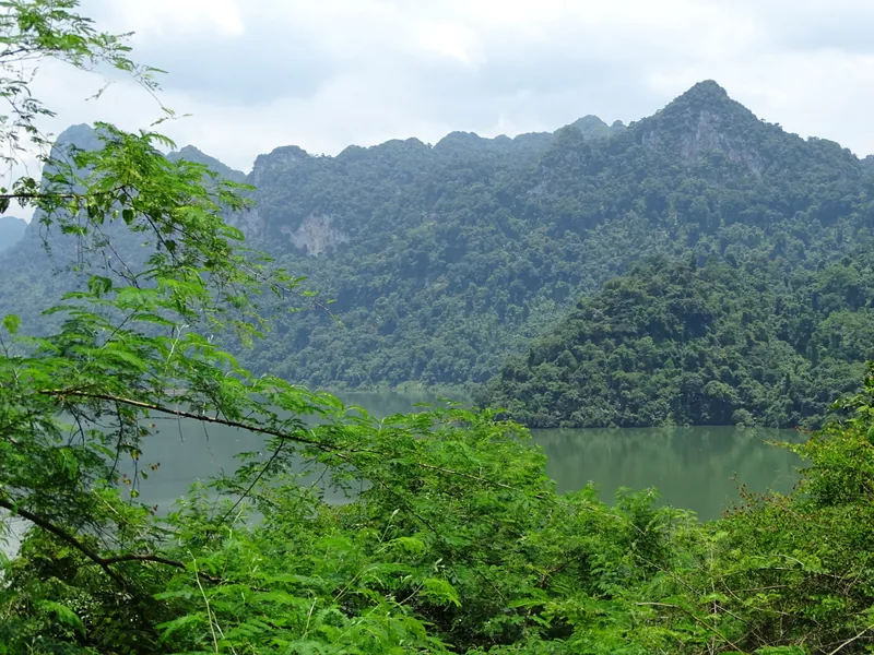Limestone karst mountains rise above the still green waters of Ba Be Lake, framed by lush foliage.